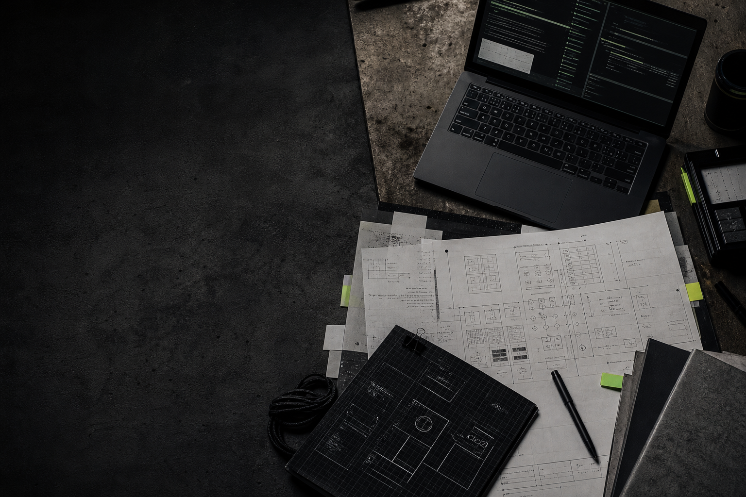 Workspace with system cards, a notebook, and a technical setup