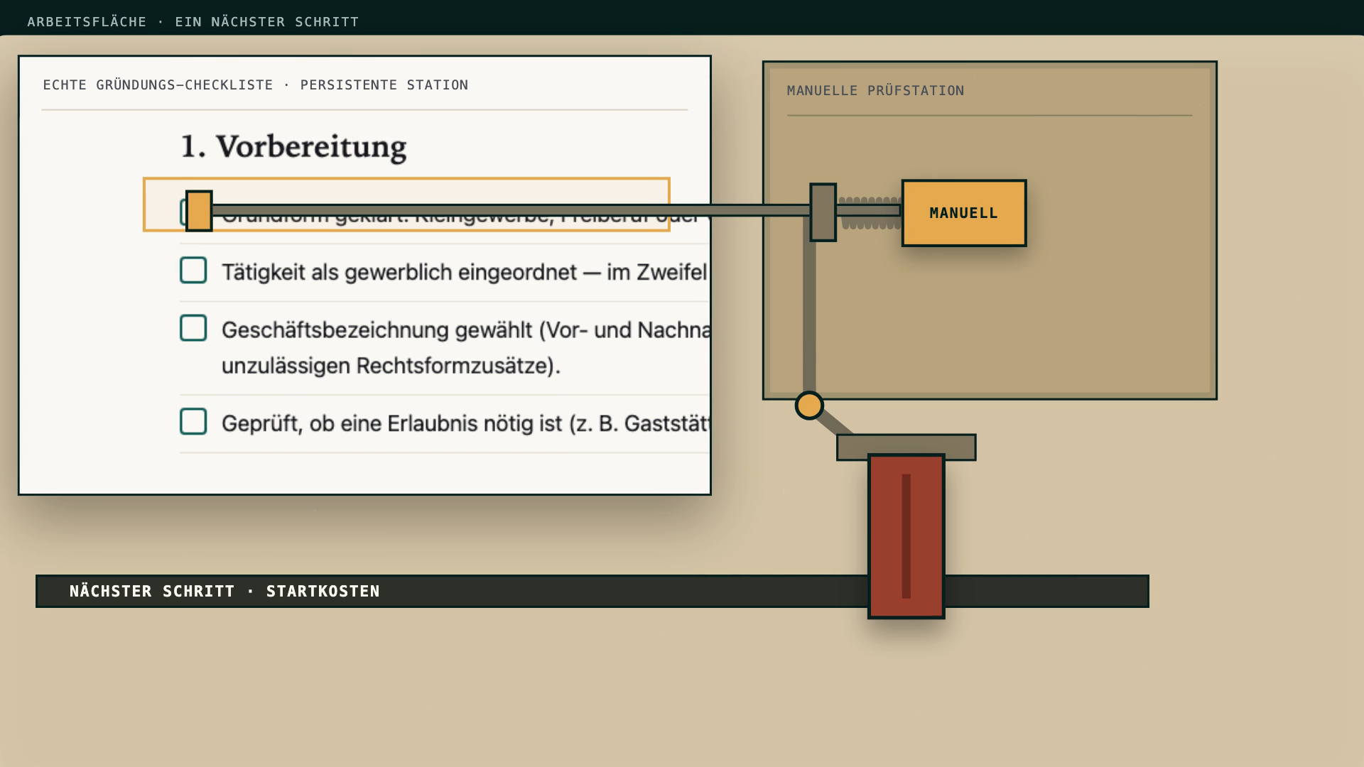 Actual frame from the second workbench revision. A long mechanical arm reaches the checkbox while lying across the checklist sentence the scene was meant to prove.