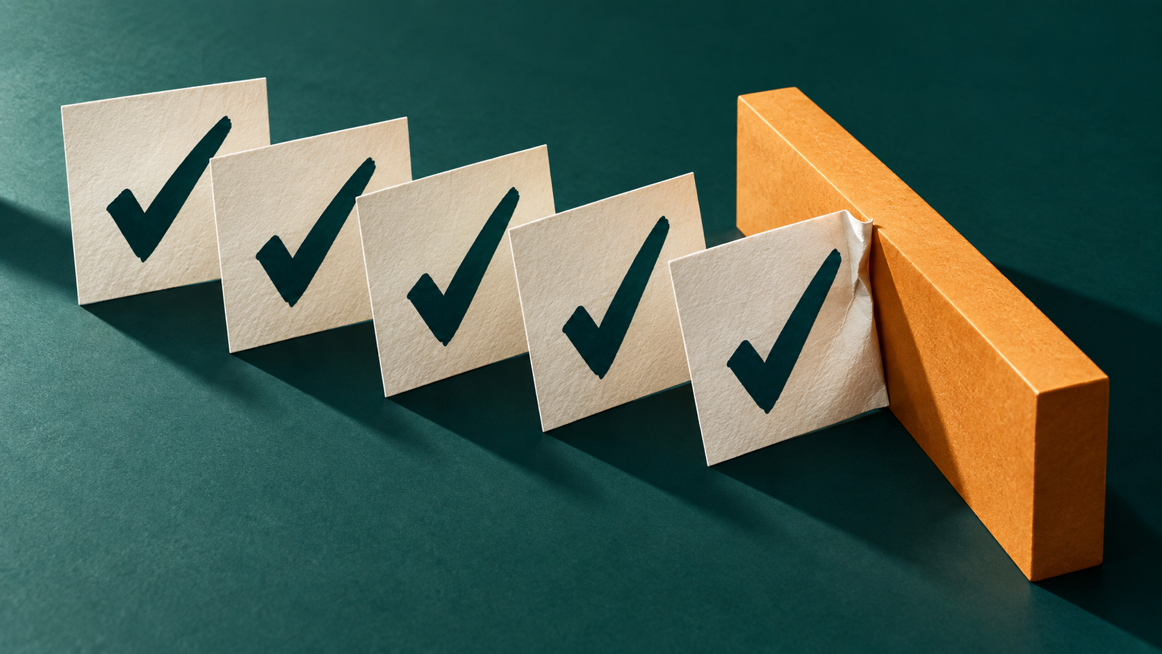 Five cream cards with dark checkmarks stand in a row against a petrol background; the front card buckles against an amber barrier. (AI-generated illustration)