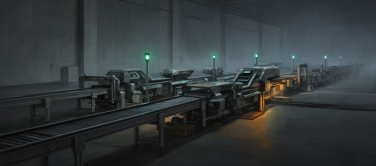 Halted conveyor line in a dark machine hall, all status lamps green (AI-generated illustration)