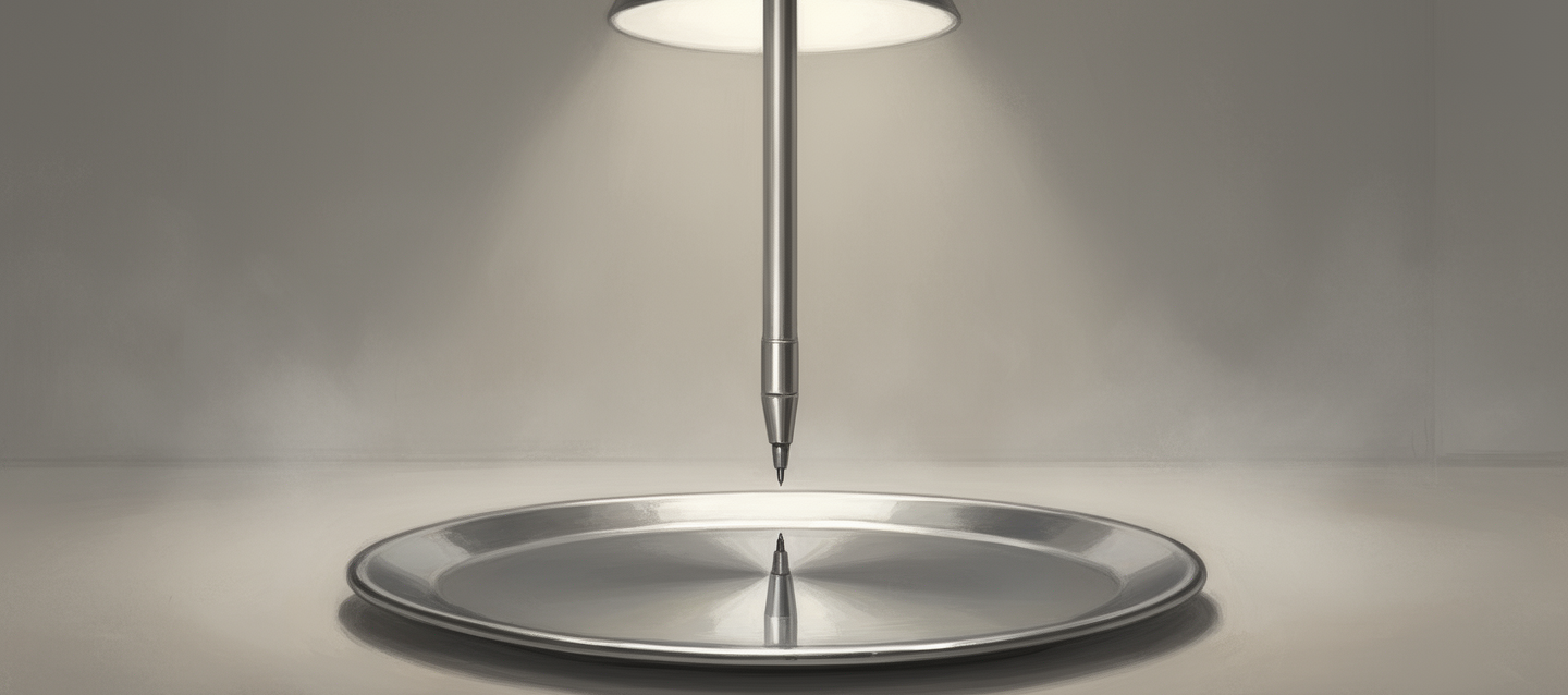 A steel stylus lowered onto a mirrored plate, meeting only its own reflection (AI-generated illustration)