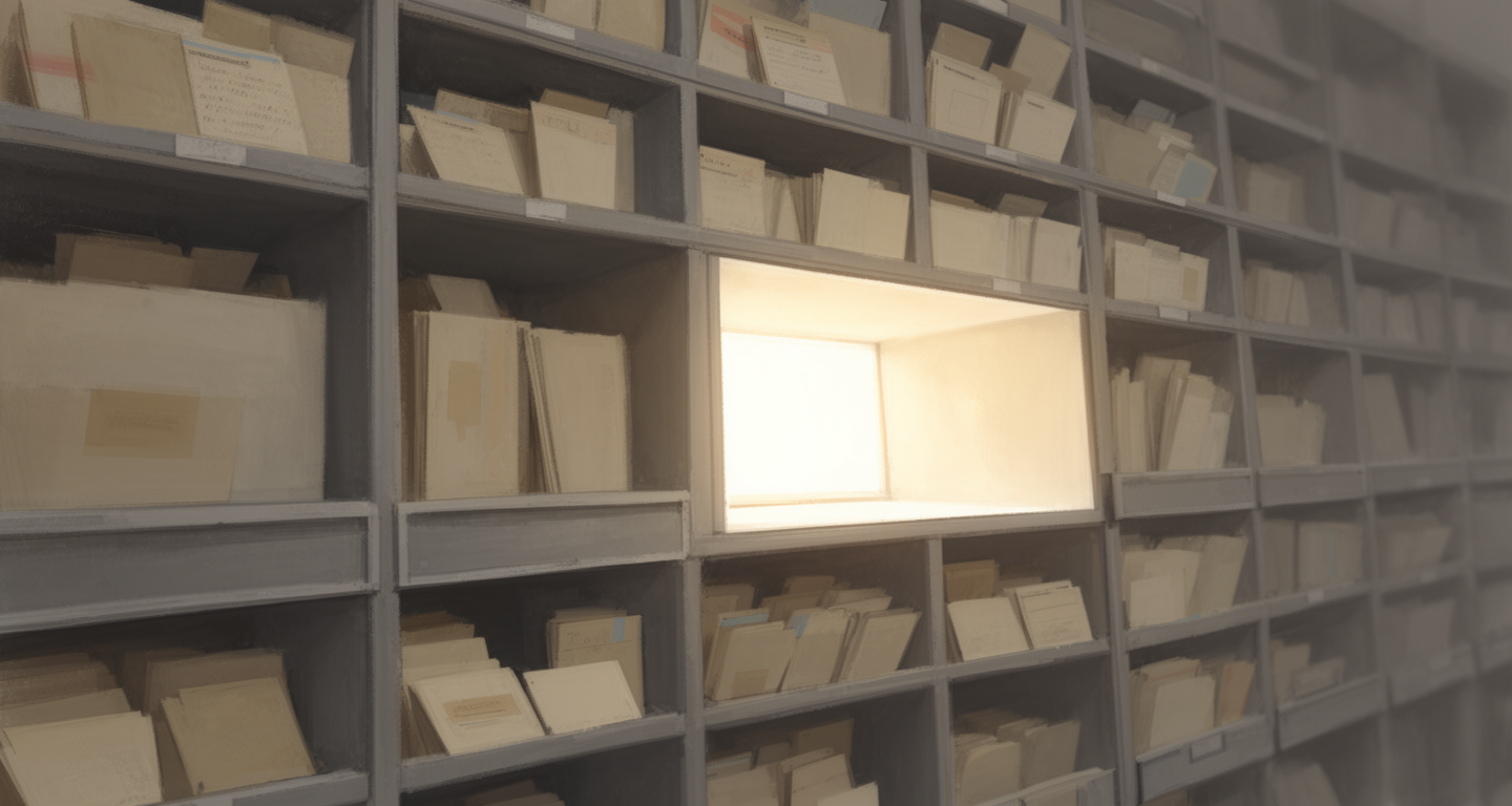 AI-generated illustration: a wall of archive compartments filled with index cards, one compartment empty and lit from behind