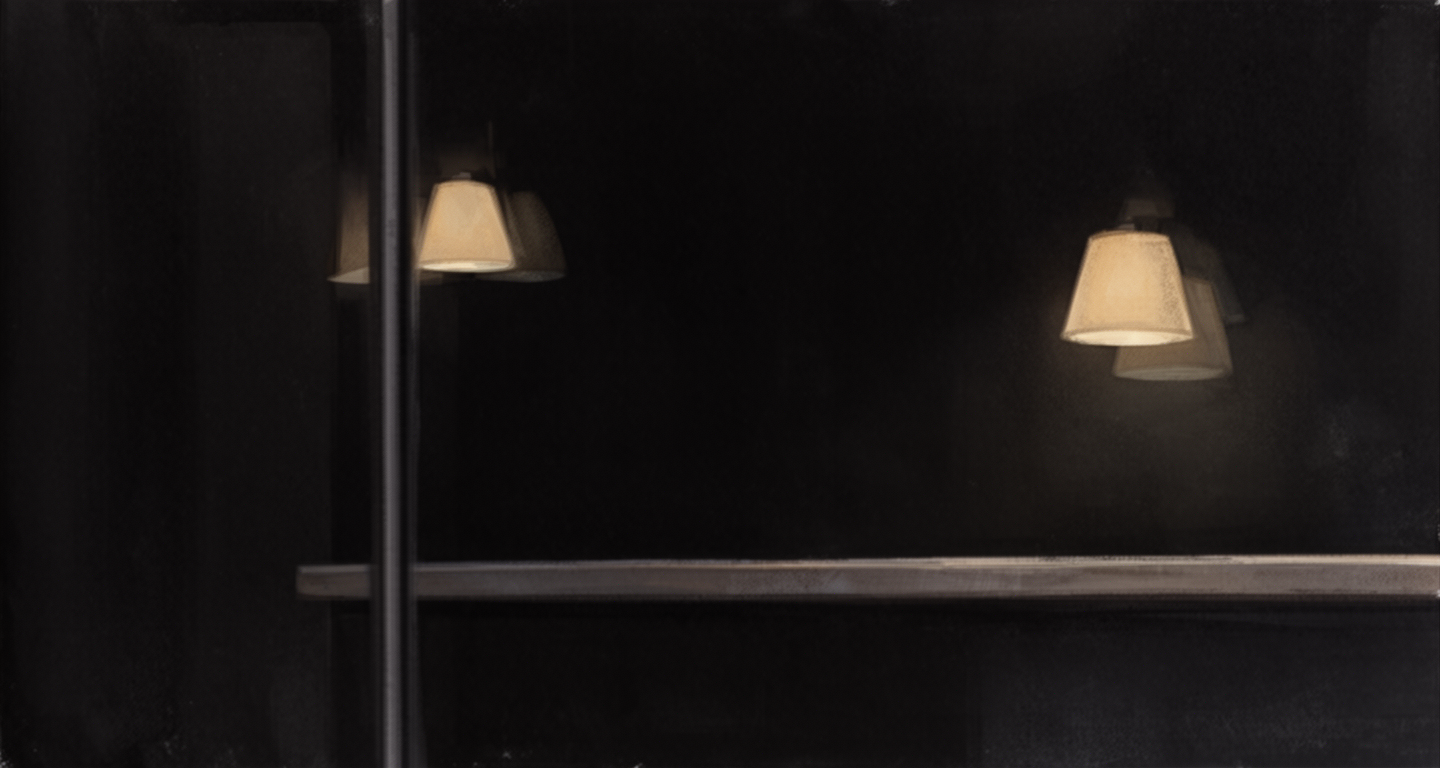 Almost black glass at night: two warm lampshades, each with a dimmer reflected double, above a long ledge. Nothing visible beyond. (AI-generated illustration)