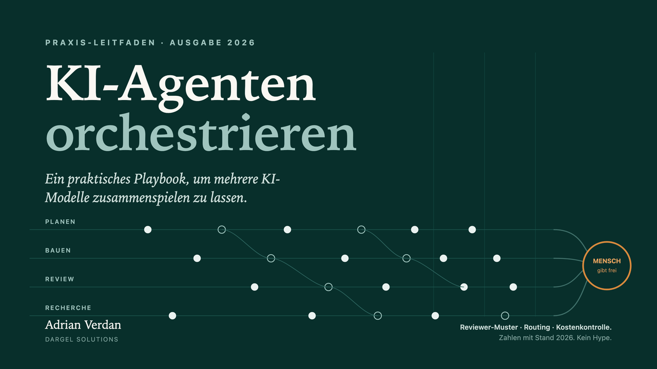 Cover von „KI-Agenten orchestrieren“ — Partitur-Motiv in dunklem Petrol mit bernsteinfarbenem Freigabe-Ring