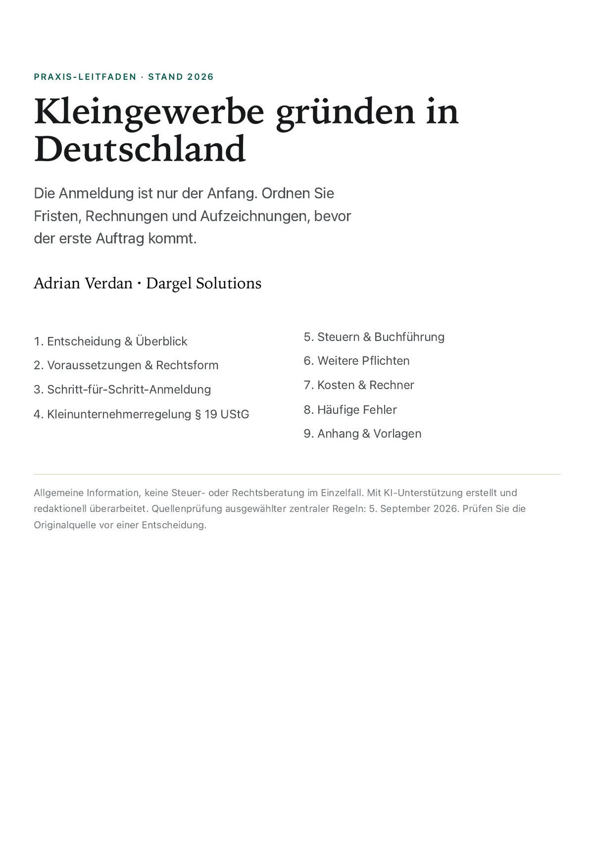 Seite 1: Titelseite „Kleingewerbe gründen in Deutschland“, Praxis-Leitfaden Stand 2026, mit Einstiegstext
