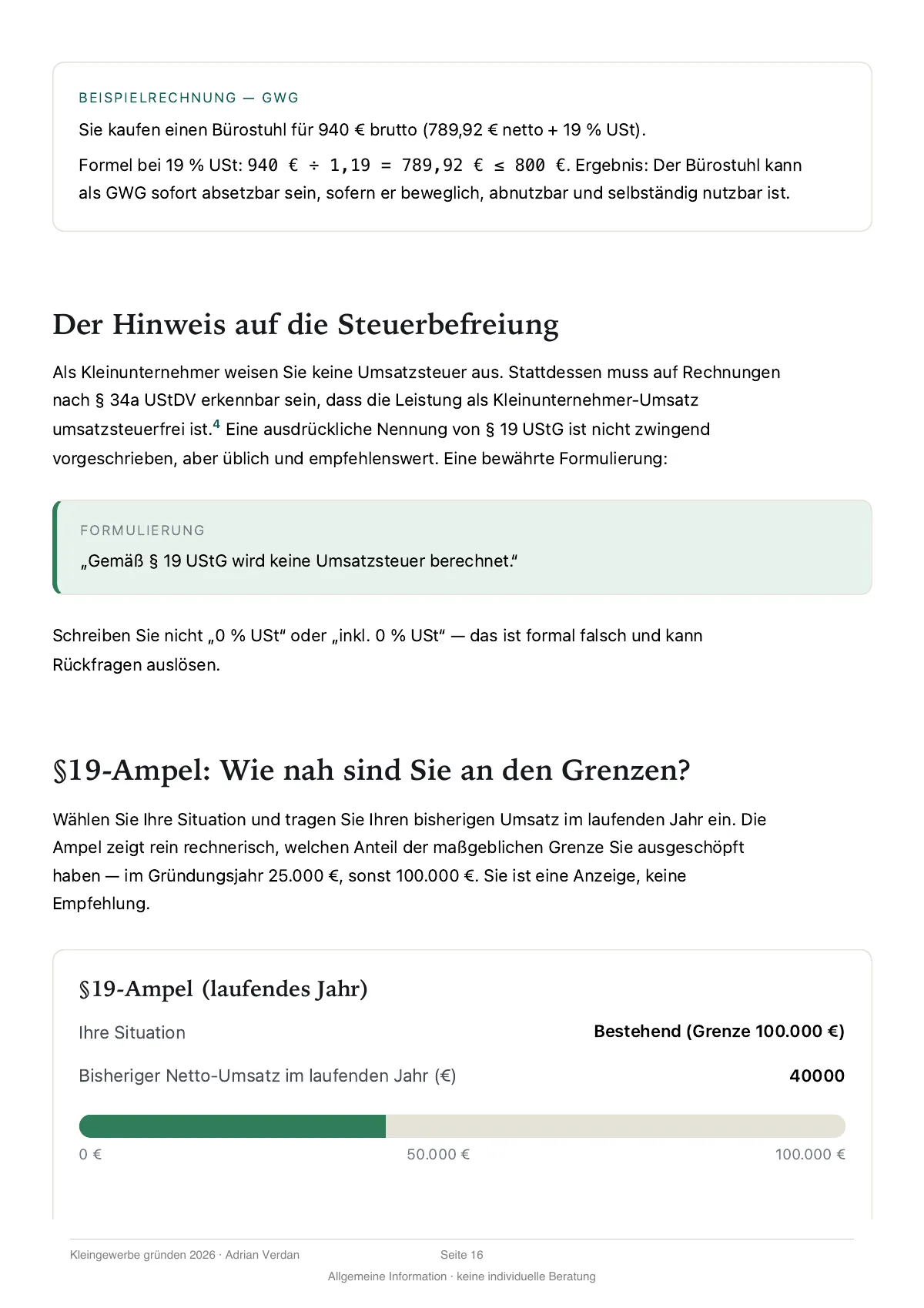 Seite 16: Beispielrechnung zur GWG-Grenze, ein Bürostuhl für 940 Euro brutto, mit Formel