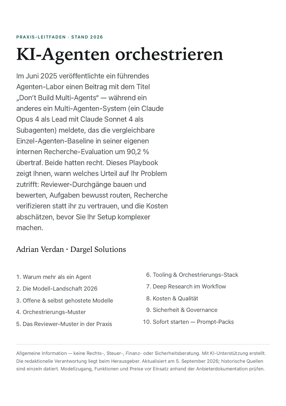 Seite 1: Titelseite „KI-Agenten orchestrieren“, Praxis-Leitfaden Stand 2026, mit Einstieg