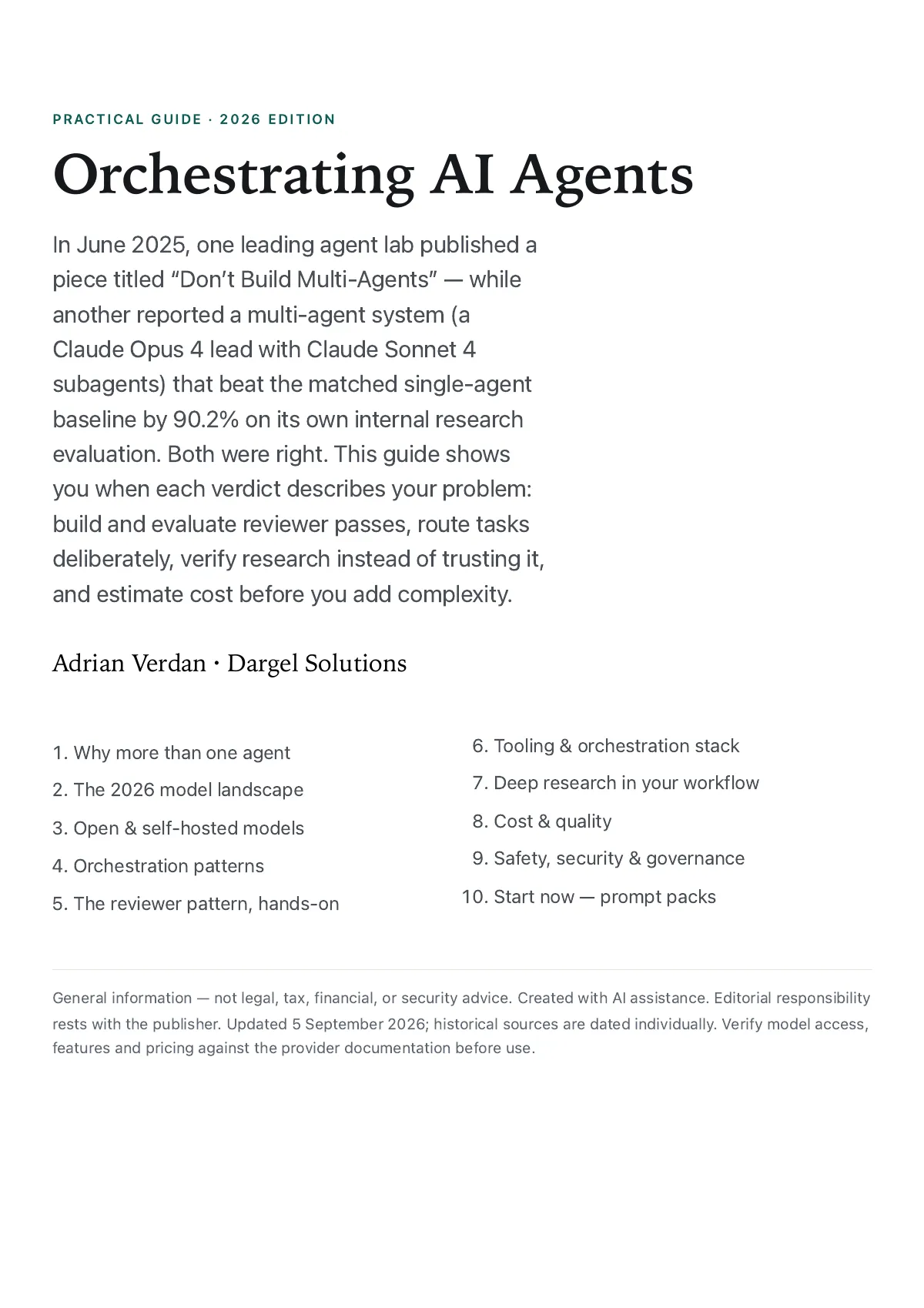 Page 1: title page “Orchestrating AI Agents”, 2026 edition, with the opening