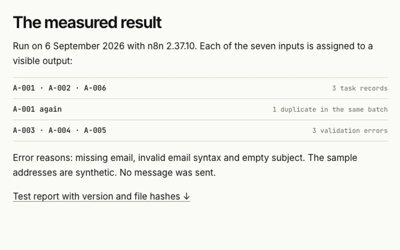 Excerpt from the article: seven synthetic requests mapped to three task records, one duplicate and three validation errors.